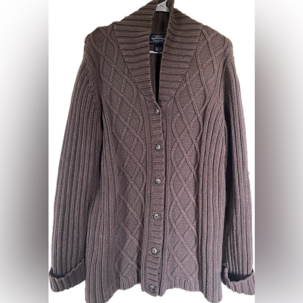 Sonoma Brown Cable Knit Button down Cardigan Sweater. Women's size Large